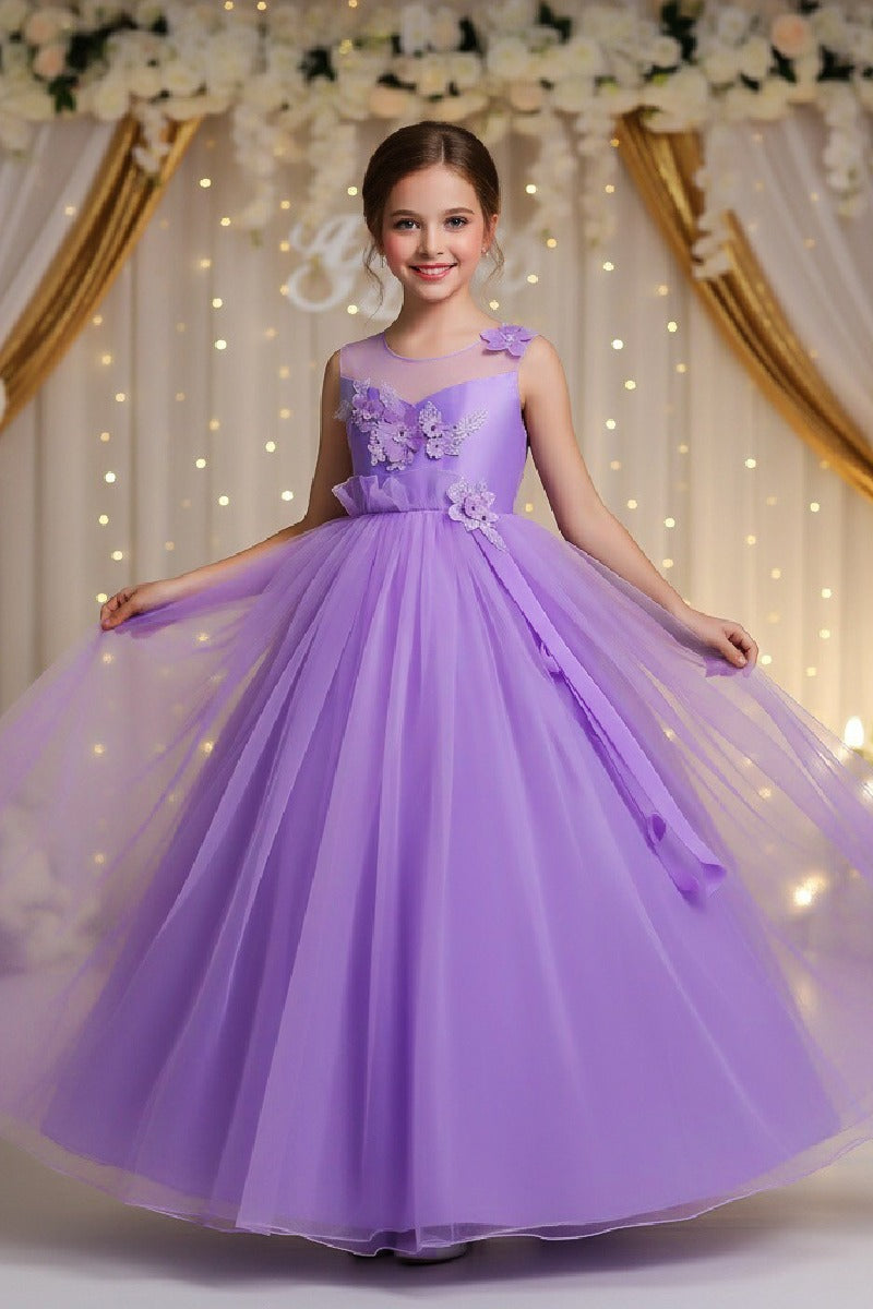 A-Line Illusion Neck Appliques Floor Length Tulle Flower Girl Dresses 1031510840050