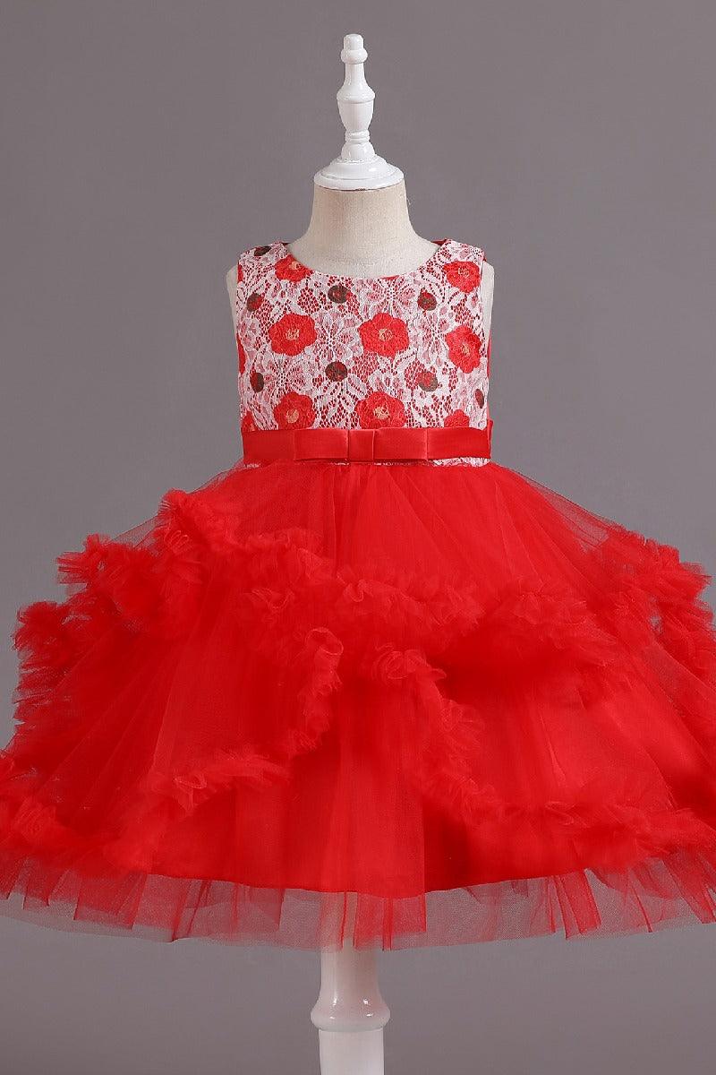 A-Line Scoop Neck Printed lace/Tulle Flower Girl Dresses With Cascading Ruffles 677572994905 - COCOMELODY