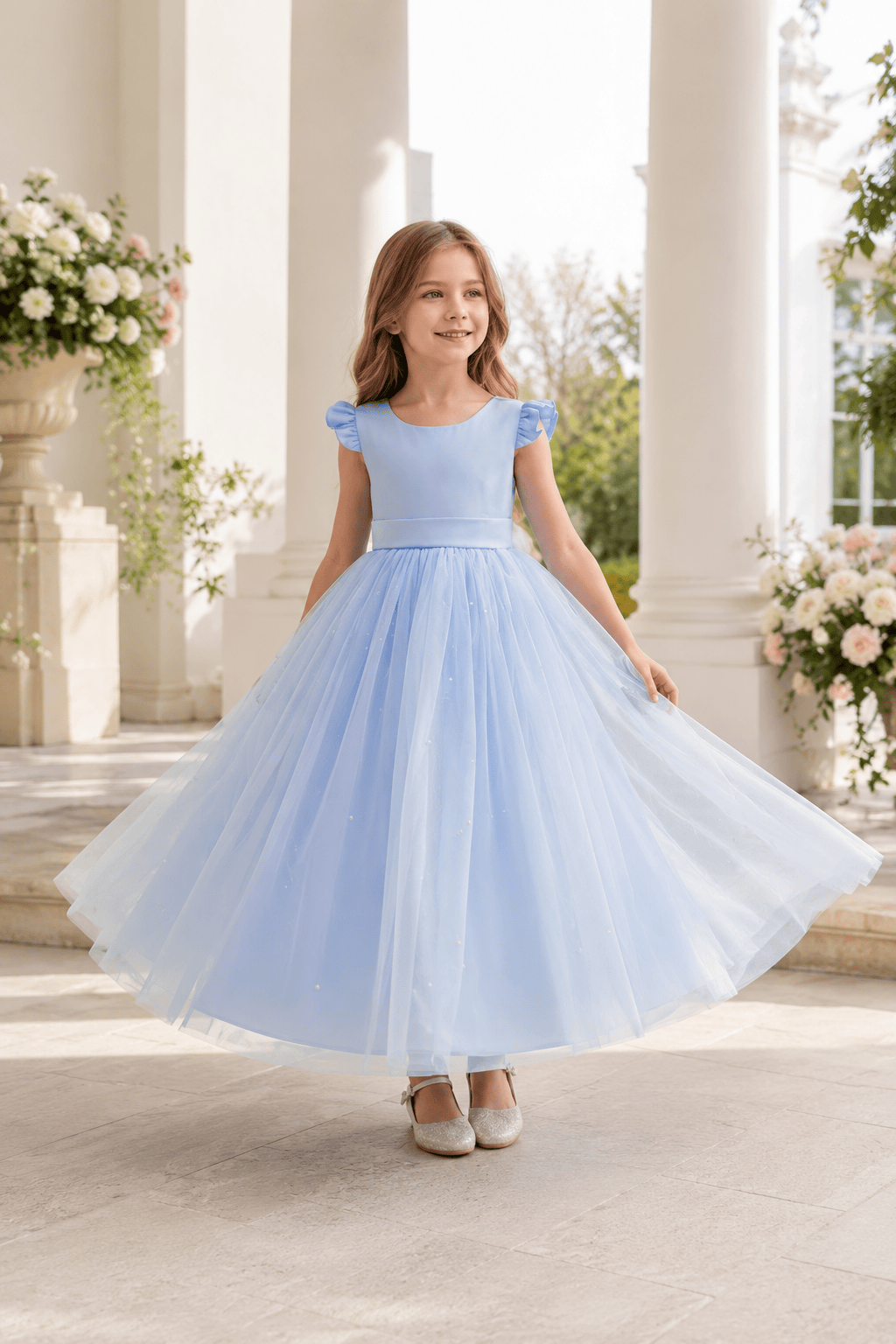 Romantic Tulle with Bow Back Pearl Accents Flower Girl Dresses 1029322248393