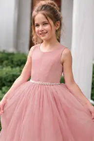 Satin Sleeveless Round Neck V-Back Bow Floor Length Flower Girl Dresses 772100832769