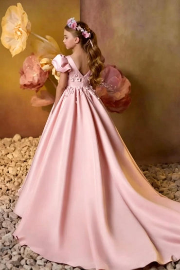 Princess Puff Short Sleeve Floral Rhinestone Satin Flower Girl Dresses 1028531621205 - 10 Days / Pink / 2 - COCOMELODY
