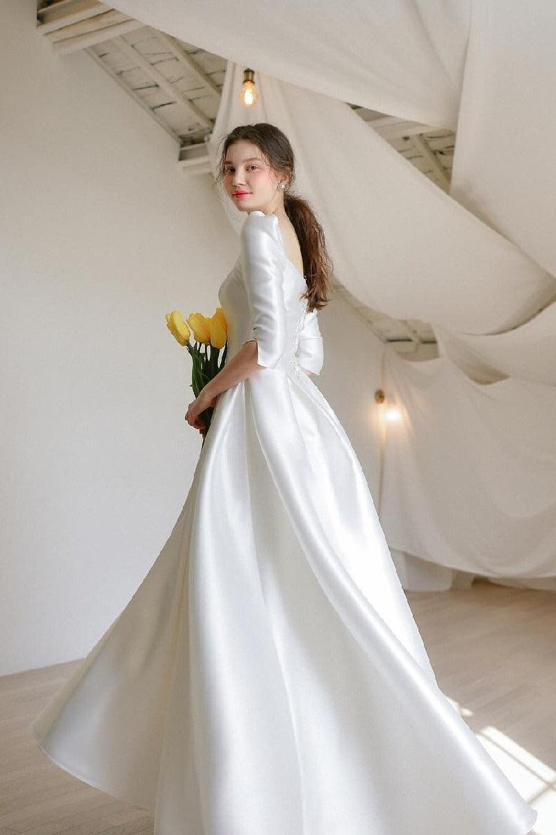 A-Line High-Low Satin Wedding Dress 675834048411 - COCOMELODY
