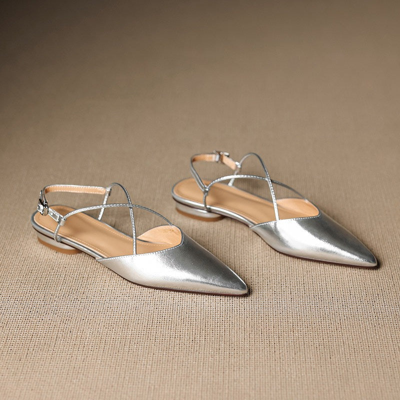 Pointed Toe Slingback Flats with Strappy Metallic Finish Shoes 1048732161565