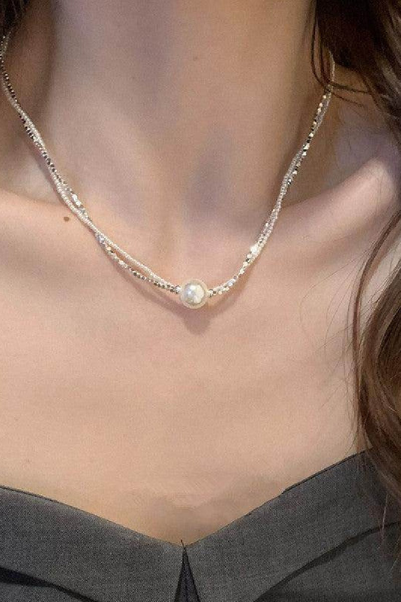 Shredded silver pearl double necklace choker 800772966486