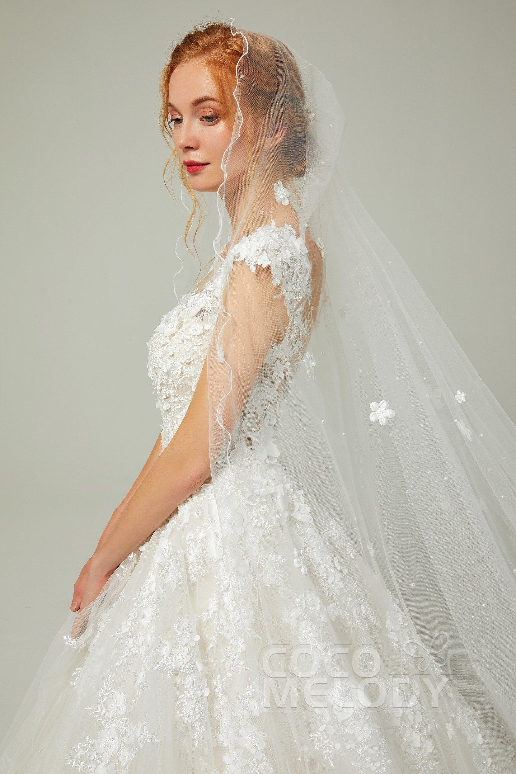 One-tier Cut Edge Tulle Chapel Veils Flower Pearls AV18018 - COCOMELODY
