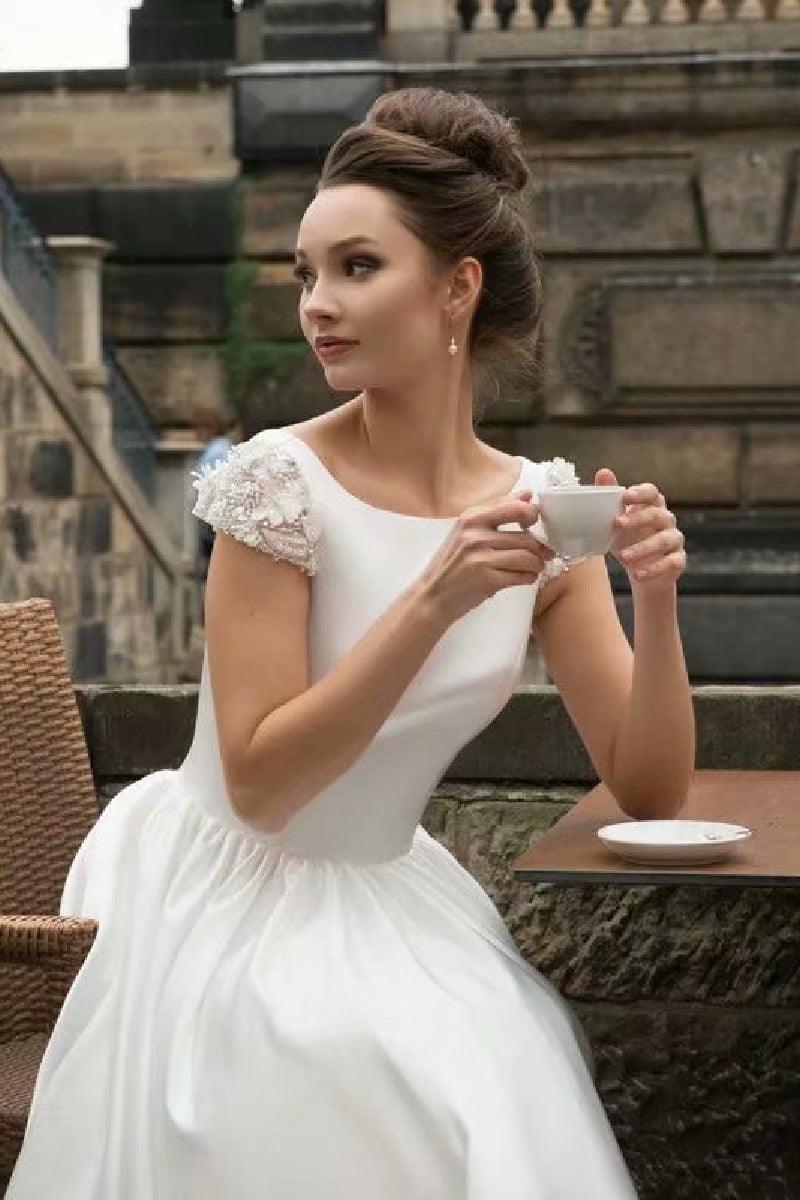 A-Line Tea Length Satin Wedding Dress 638933696642 - COCOMELODY
