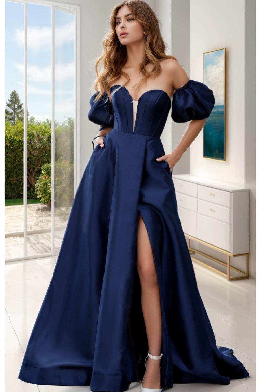 A-Line Sweep-Brush Train Satin Prom Dress CS0448 - COCOMELODY