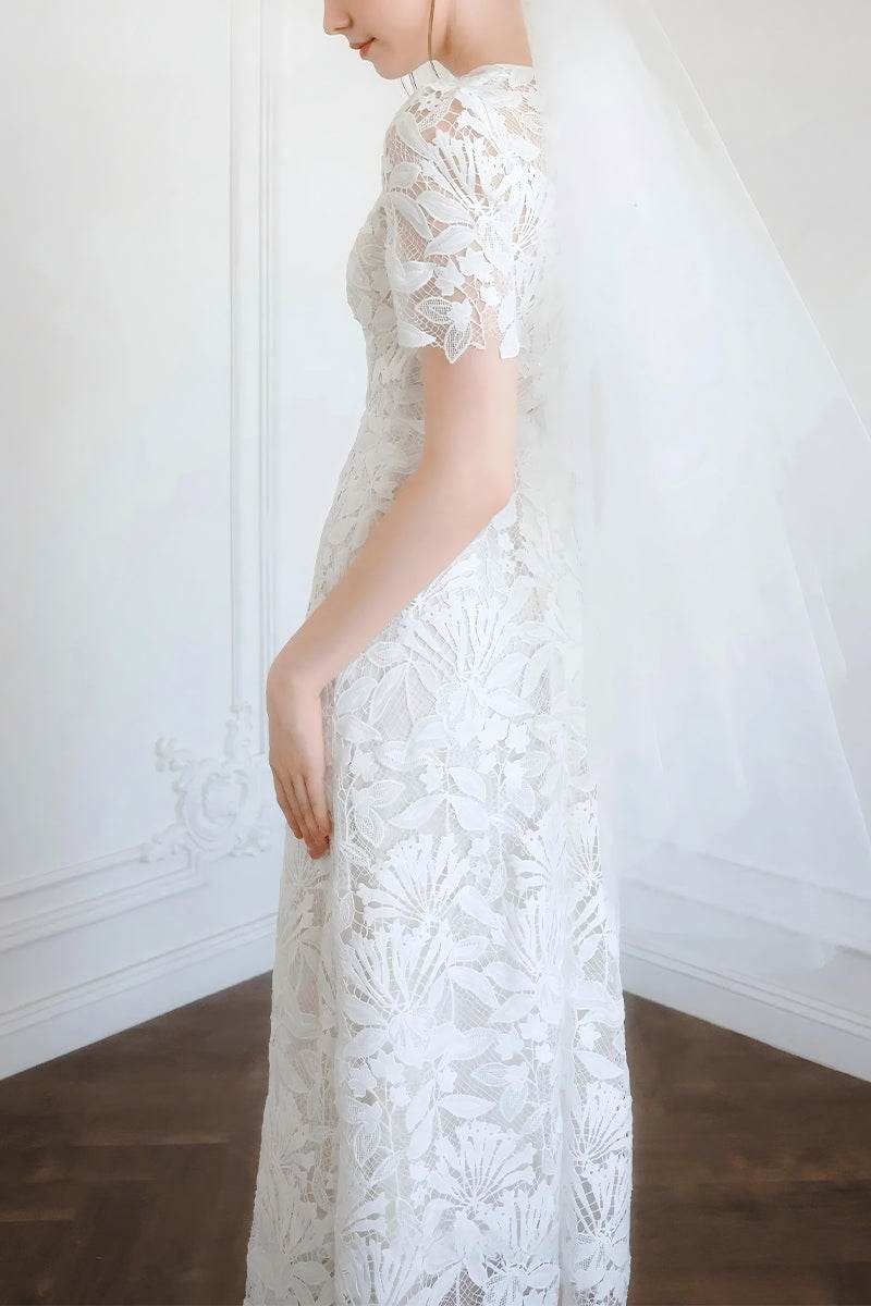 Sheath-Column Tea Length Lace Little White Dress 100016 - COCOMELODY