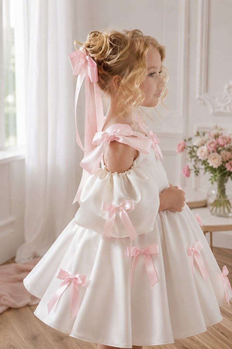 Sweet Satin Cold Shoulder Puff Sleeves Bow Details Flower Girl Dresses 994215152061