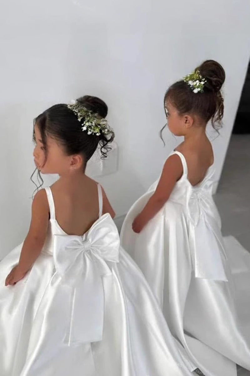 Elegant Satin Spaghetti Straps Back Big Bow Flower Girl Dresses 943918273899