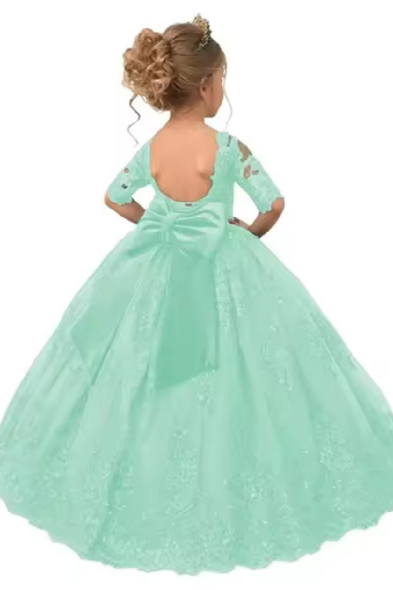 A-Line Illusion Half Sleeve Floor Length Flower Girl Dresses 639993621131