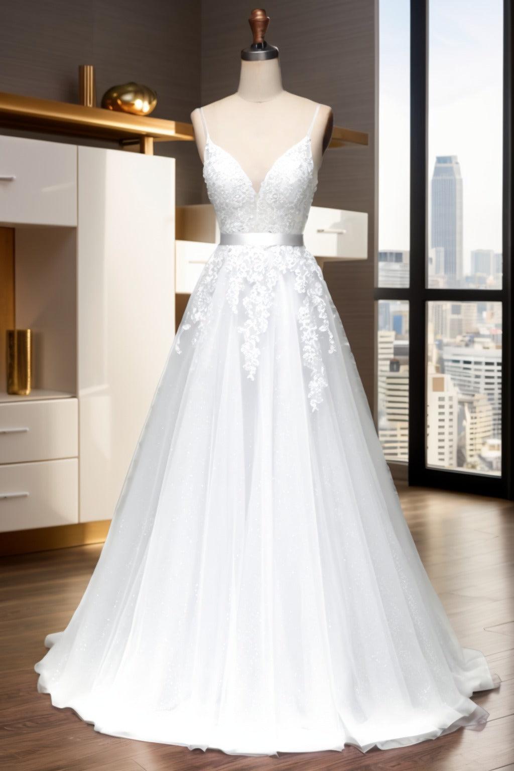 A-Line Sweep-Brush Train Tulle Prom Dress CS0464 - COCOMELODY