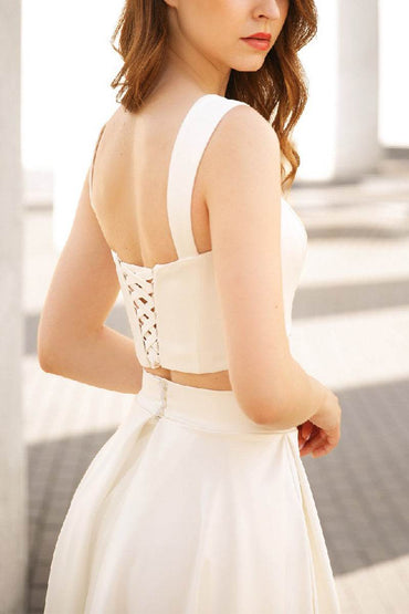A-Line Tea Length Satin Little White Dress 100062 - COCOMELODY