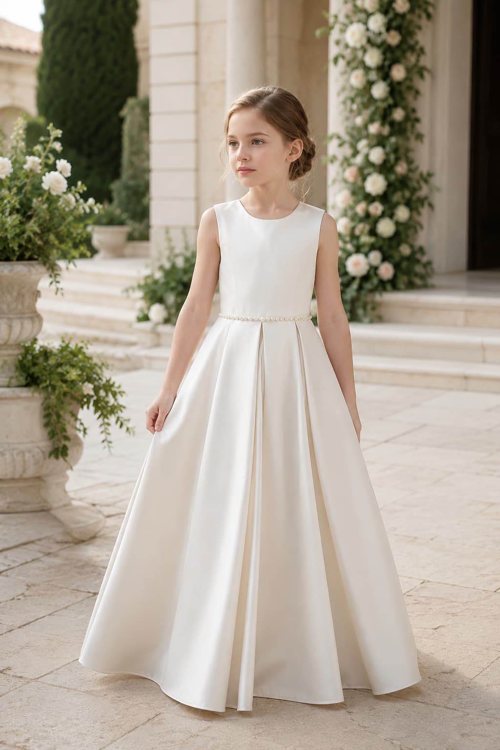 Elegant Satin Pearl Waist Pleated Skirt Bow Back Flower Girl Dresses 807252665221