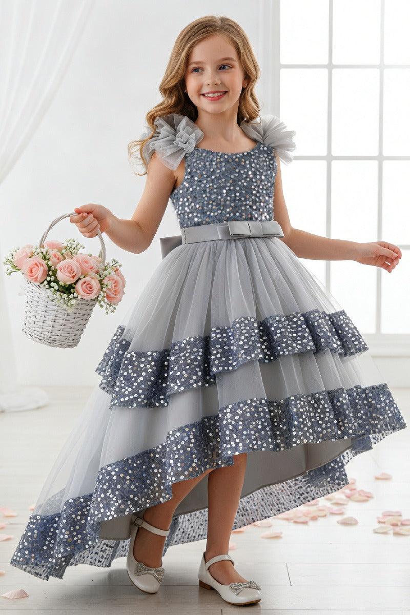 Ruffled Flutter Shoulder Sequin Ruffled Trim Bodice Tulle High-Low Flower Girl Dresses 1029823265576