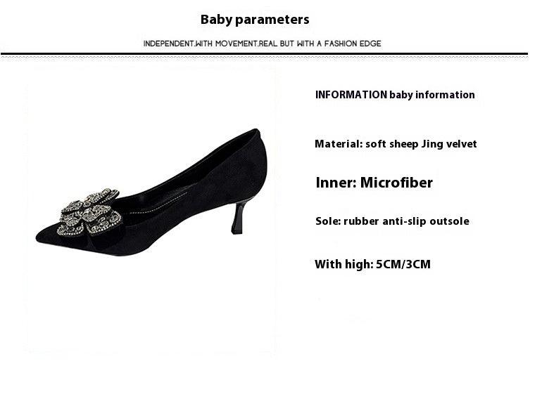 Black Suede Rhinestone Bowknot Pointy Stiletto Heels 770222542136 - COCOMELODY