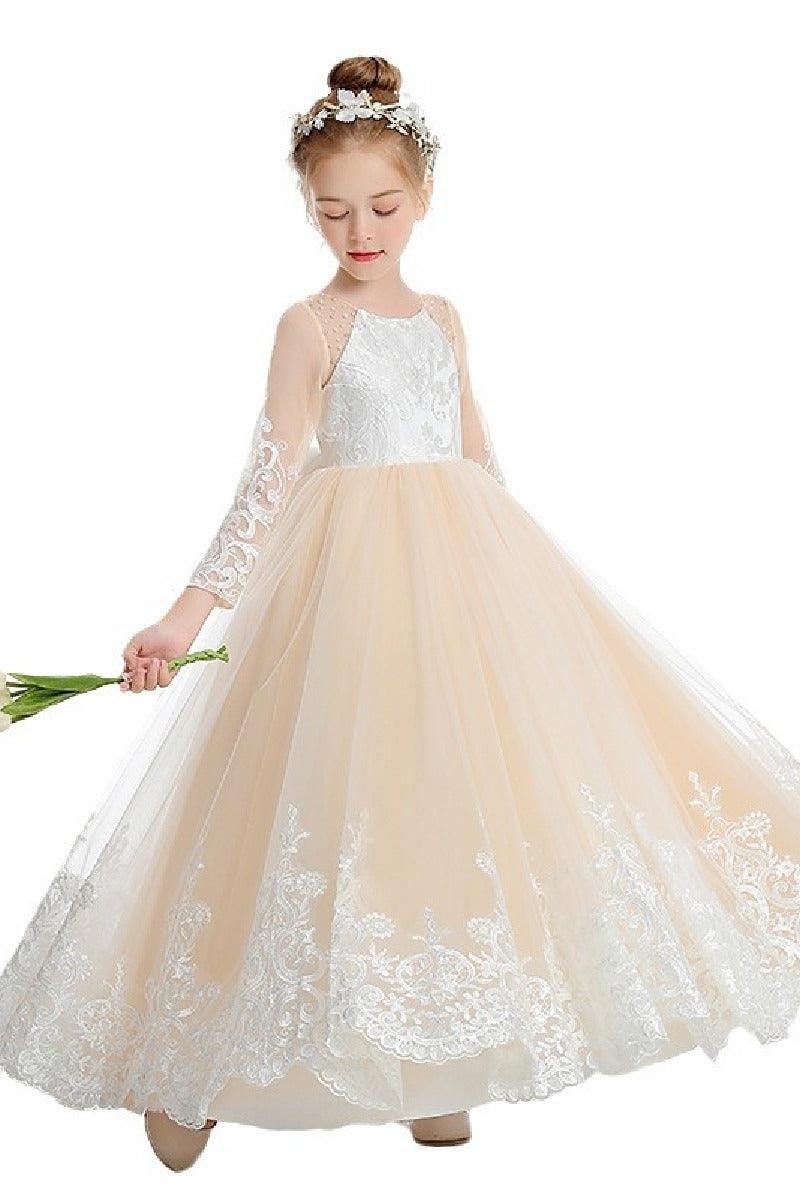 Ball-Gown/Princess Lace Tulle Sweep Floor Length Flower Girl Dresses Pageant Dresses With Bow 760441981255 - COCOMELODY