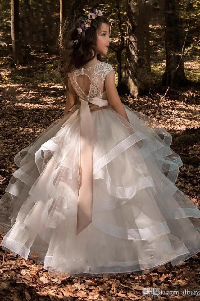 A-Line Illusion Floor Length Tulle Flower Girl Dresses 617286377317