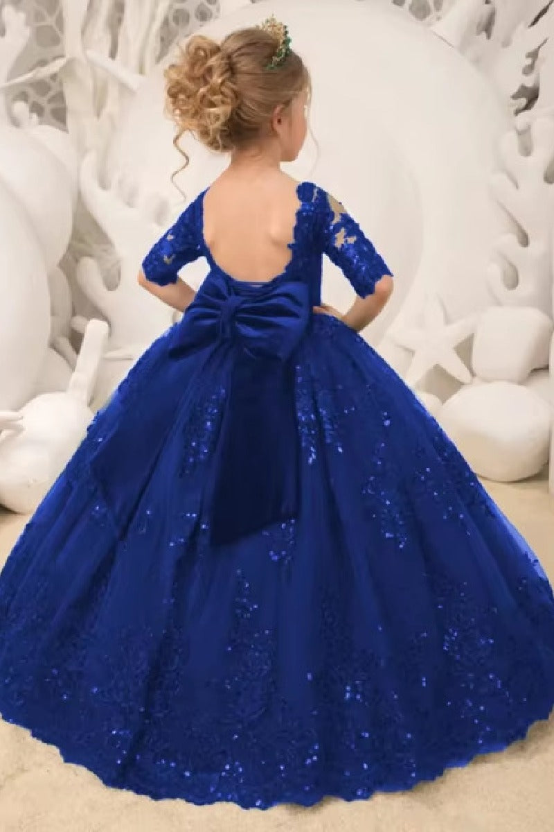 A-Line Illusion Half Sleeve Floor Length Flower Girl Dresses 639993621131