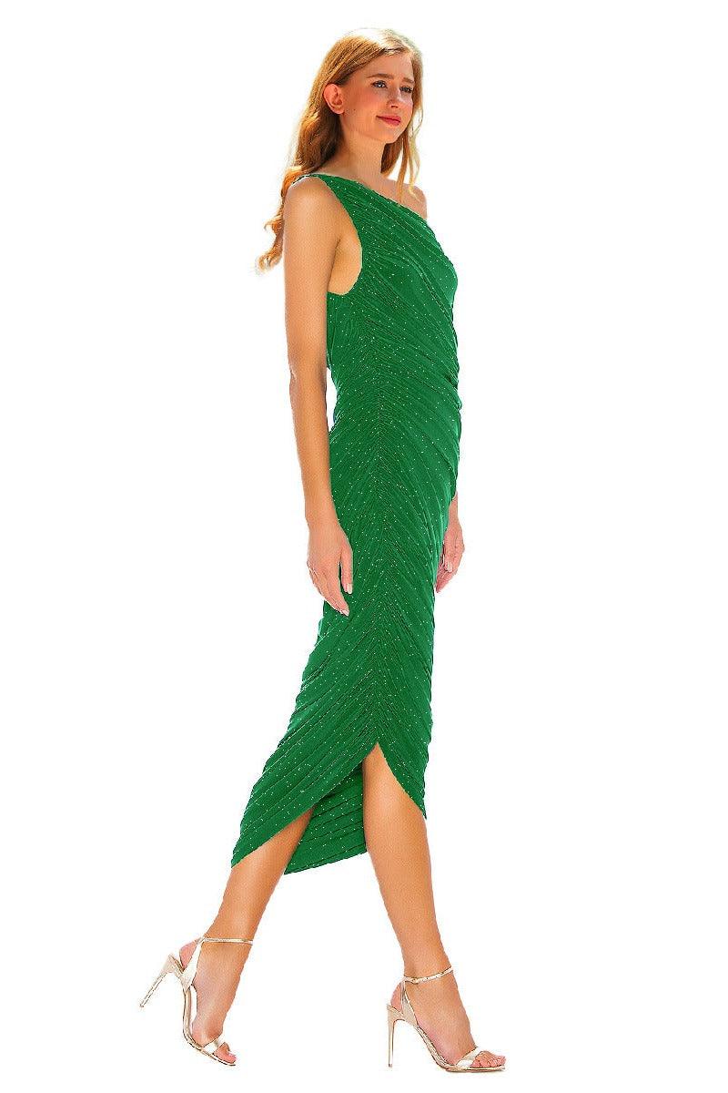 Silver wire pleated oblique shoulder cocktail dress 752479154321 - COCOMELODY