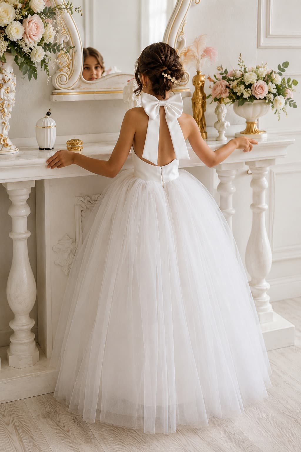 Halter Neck Sleeveless Open Back Bow Tulle Flower Girl Dresses 1061637080106