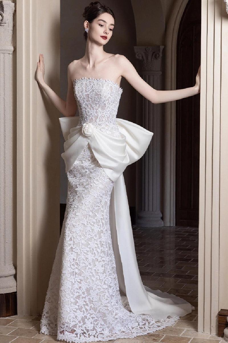 Sheath-Column Sweep-Brush Train Lace Wedding Dress 856822233361 - COCOMELODY