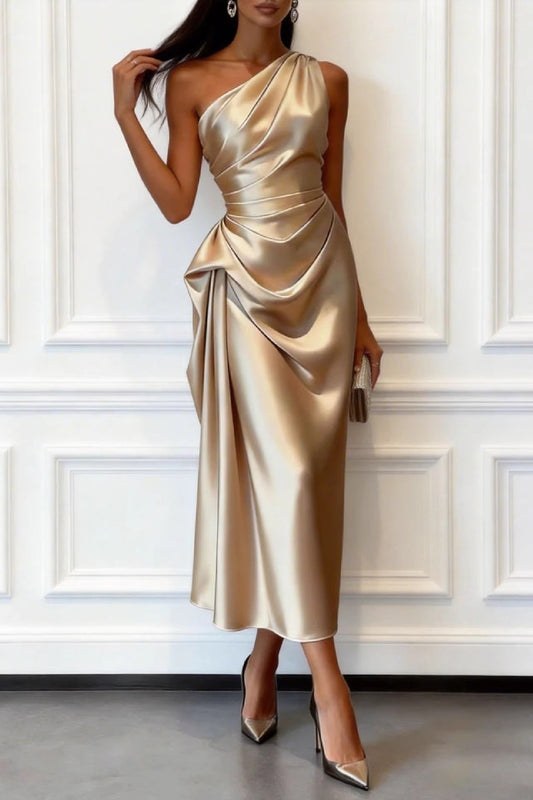 Trumpet-Mermaid Tea Length Satin Wedding Guest Dress 1033914017182