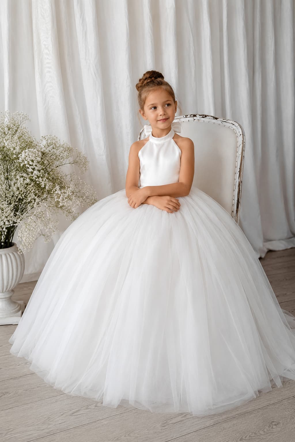 Halter Neck Sleeveless Open Back Bow Tulle Flower Girl Dresses 1061637080106