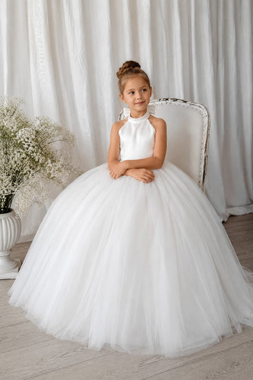 Halter Neck Sleeveless Open Back Bow Tulle Flower Girl Dresses 1061637080106 - 7 Days / As Picture / 130cm - COCOMELODY