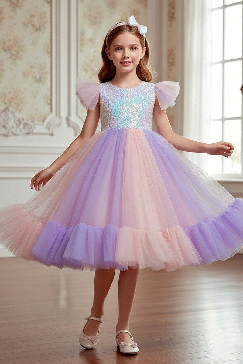 Ball Gown Flutter Sleeve Iridescent Sequin Tulle Matching Bow Headband Flower Girl Dresses 1031506040712