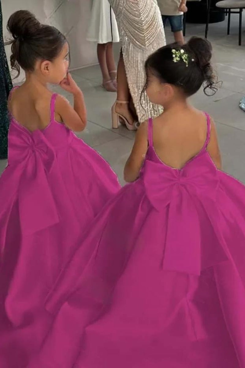 Elegant Satin Spaghetti Straps Back Big Bow Flower Girl Dresses 943918273899