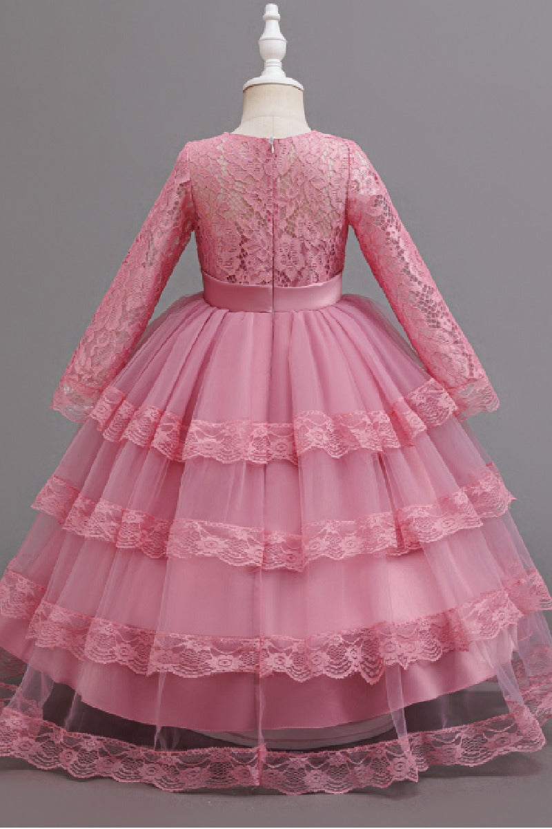 A-Line Long Sleeve Illusion Neck Tiered Lace Tulle Floor Length Flower Girl Dresses 1050524780369