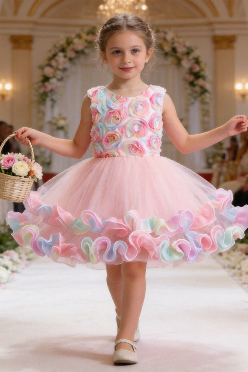 Short A-Line Sleeveless Round Neck Rainbow Ruffled Hem Tulle Knee Length Flower Girl Dresses 1029089635642