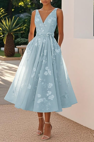 A-Line Tea Length Lace Wedding Guest Dress 936977177647