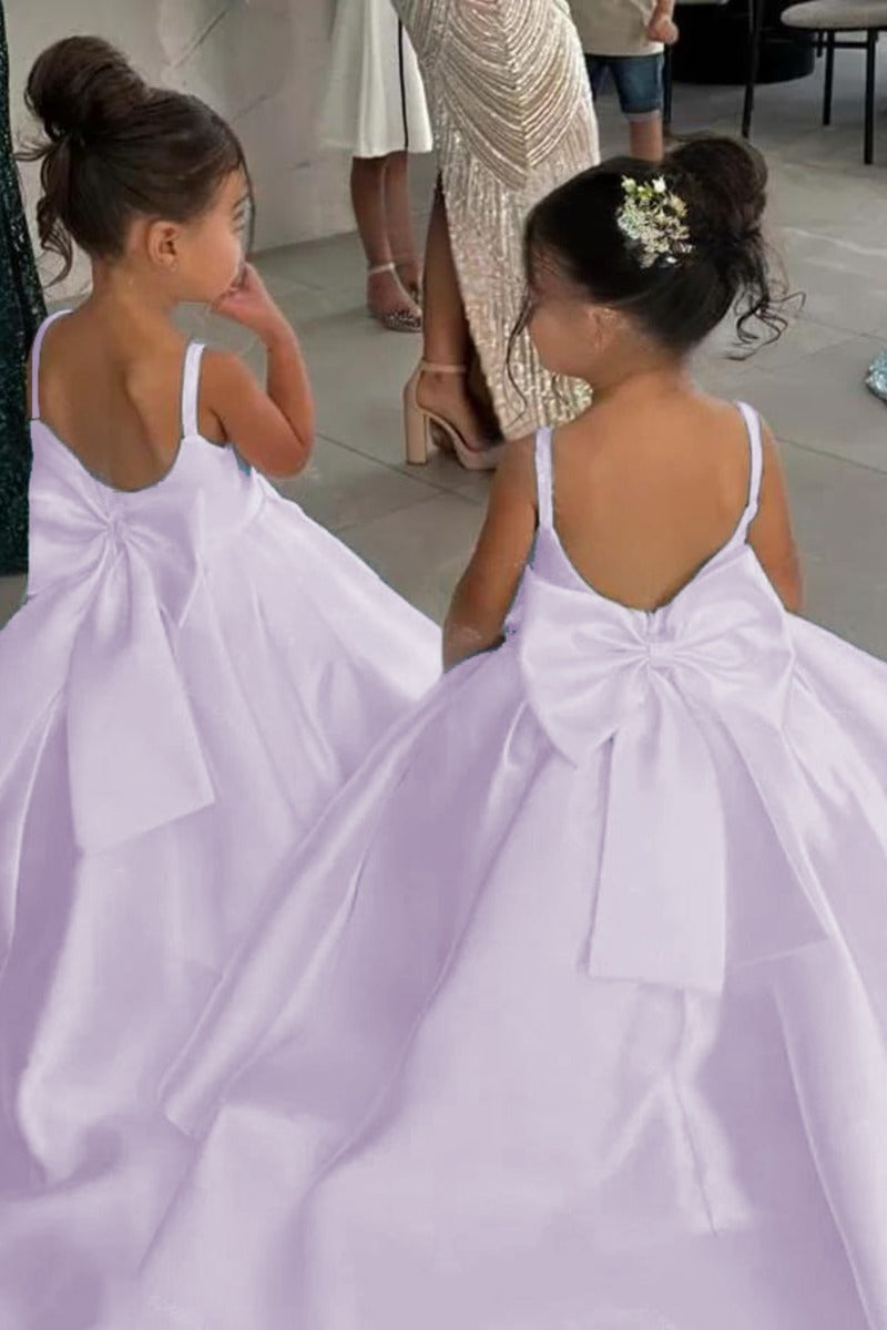 Elegant Satin Spaghetti Straps Back Big Bow Flower Girl Dresses 943918273899