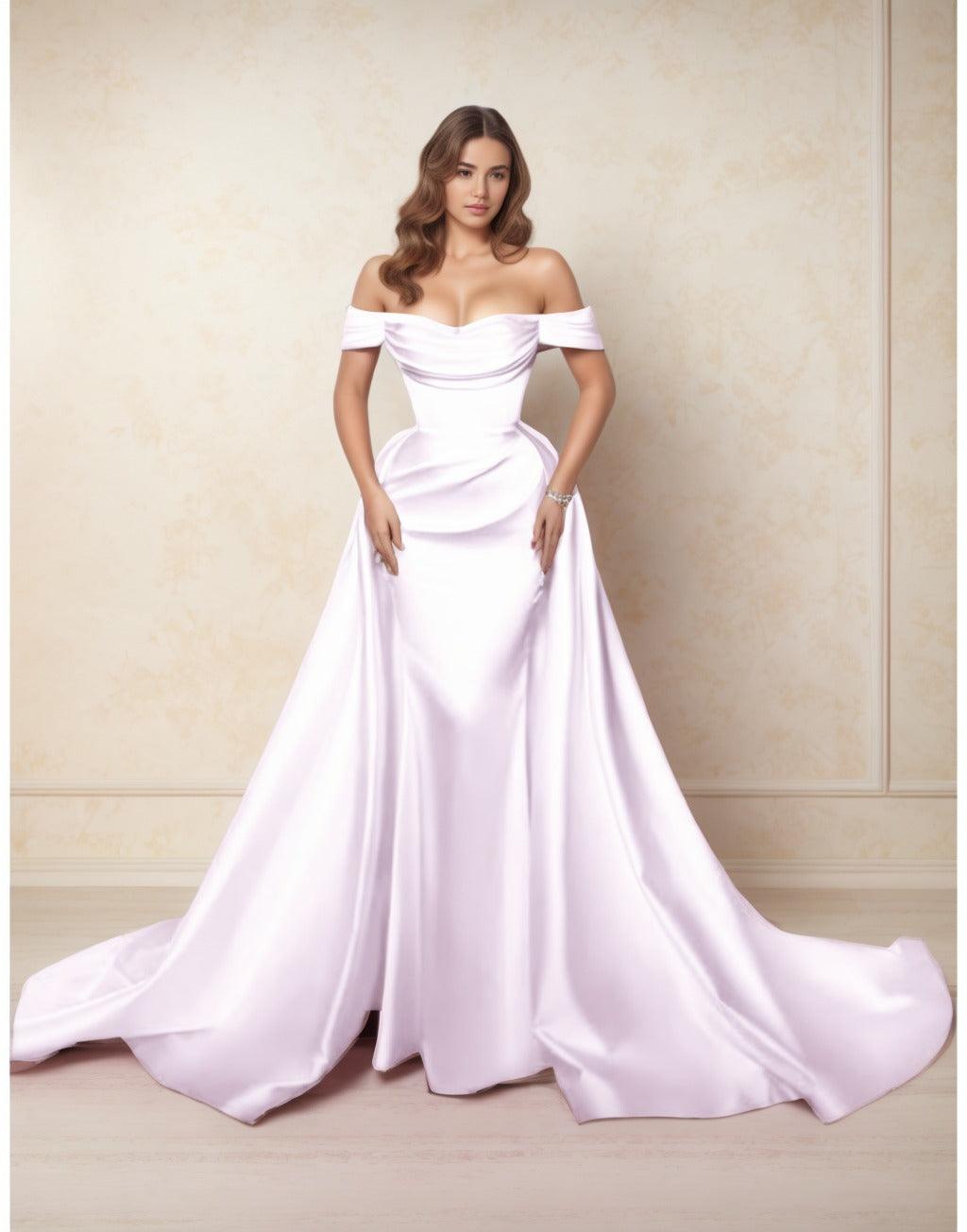 A-Line Chapel Train Satin Prom Dress CS0416 - COCOMELODY