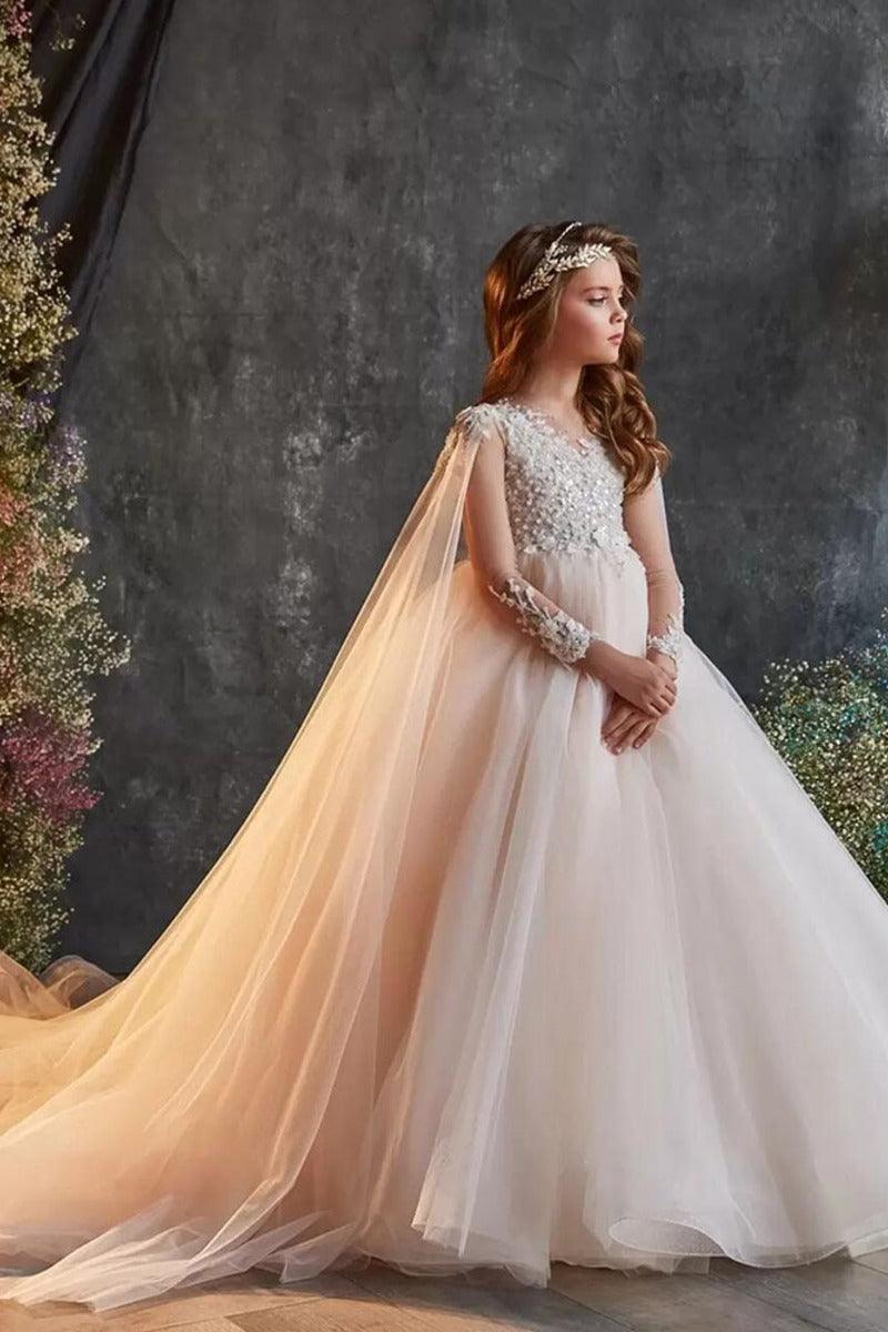Illusion V-Neck Beaded Lace Long Sleeve Flower Girl Dresses 695101787303 - 10 Days / As Picture / 2 - COCOMELODY