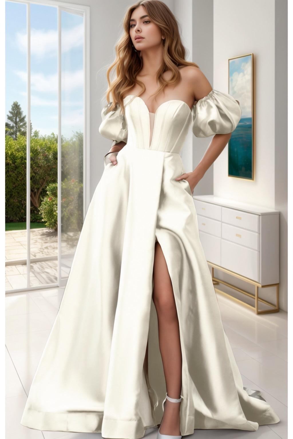 A-Line Sweep-Brush Train Satin Prom Dress CS0448 - COCOMELODY