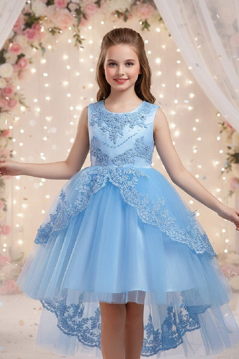 Princess Round Neck Sleeveless Double Layer Lace Overlay Hi-Low Tulle Flower Girl Dresses 1031501196583