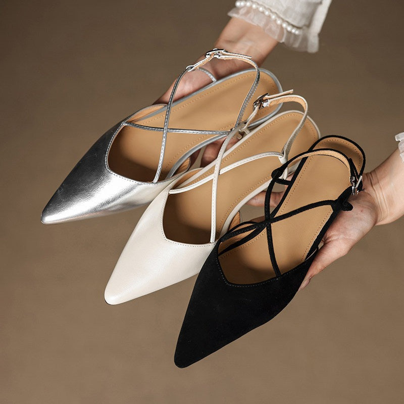 Pointed Toe Slingback Flats with Strappy Metallic Finish Shoes 1048732161565
