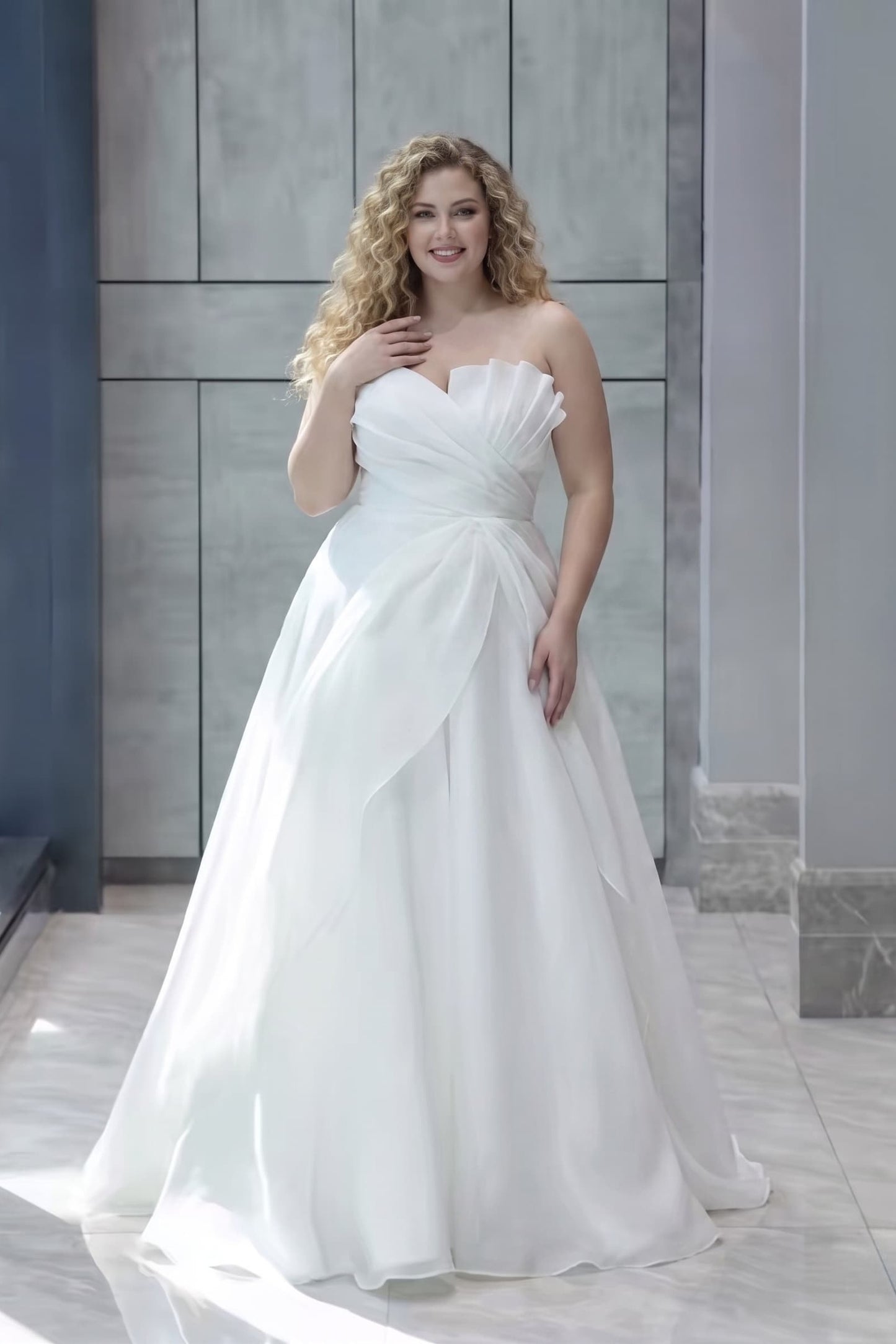 A-Line Sweep-Brush Train Organza Satin Wedding Dress 724137910656