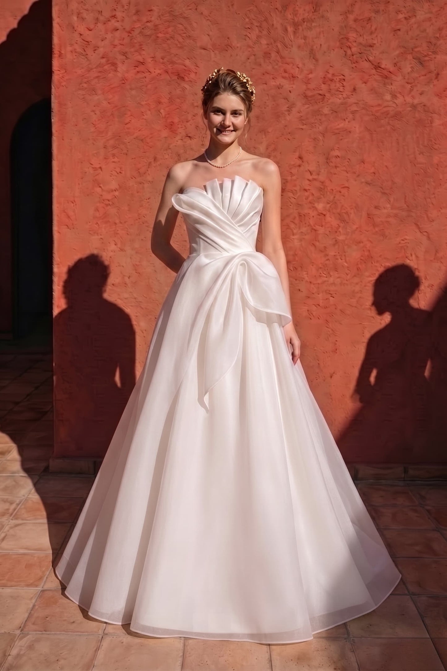 A-Line Sweep-Brush Train Organza Satin Wedding Dress 724137910656