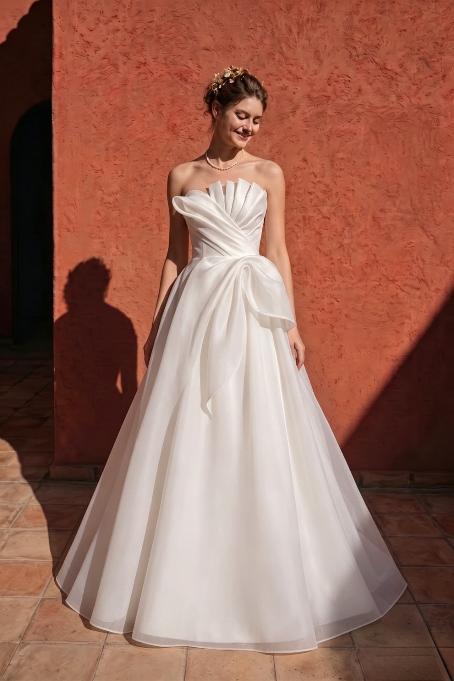 A-Line Sweep-Brush Train Organza Satin Wedding Dress 724137910656