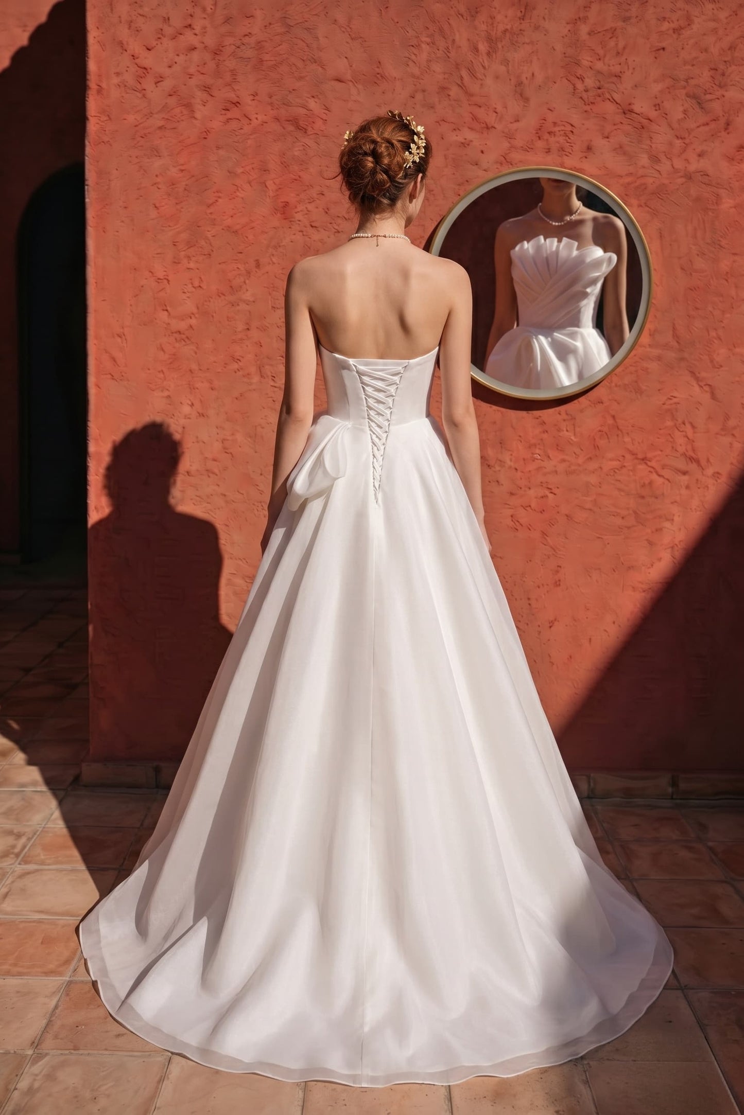 A-Line Sweep-Brush Train Organza Satin Wedding Dress 724137910656