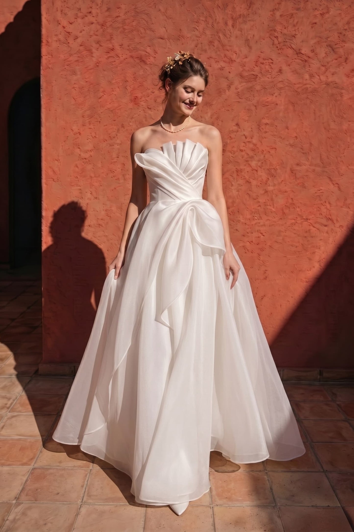 A-Line Sweep-Brush Train Organza Satin Wedding Dress 724137910656