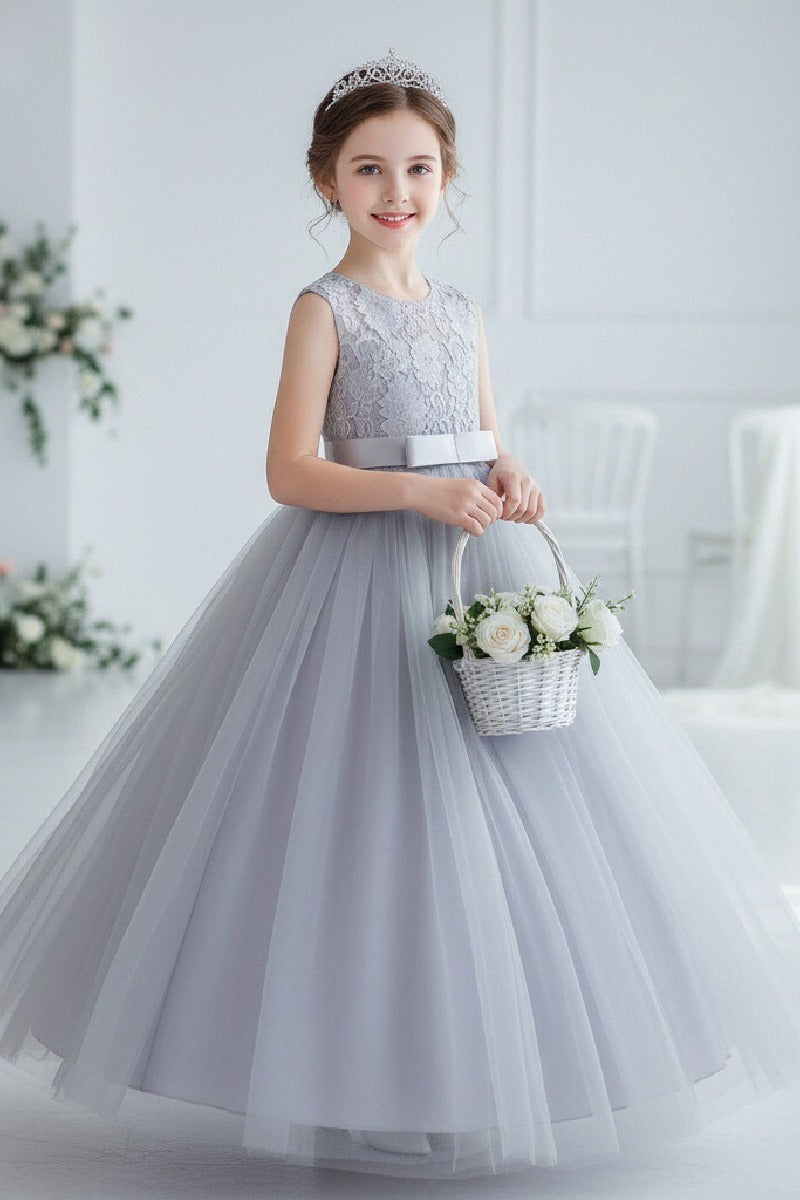A-Line Round Neck Sleeveless Floral Lace Floor Length Tulle Flower Girl Dresses 1030687853202