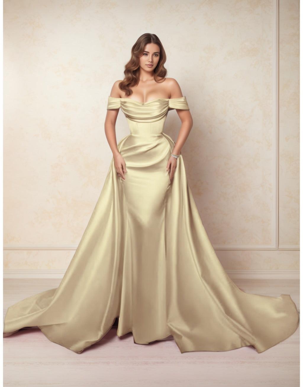 A-Line Chapel Train Satin Prom Dress CS0416 - COCOMELODY