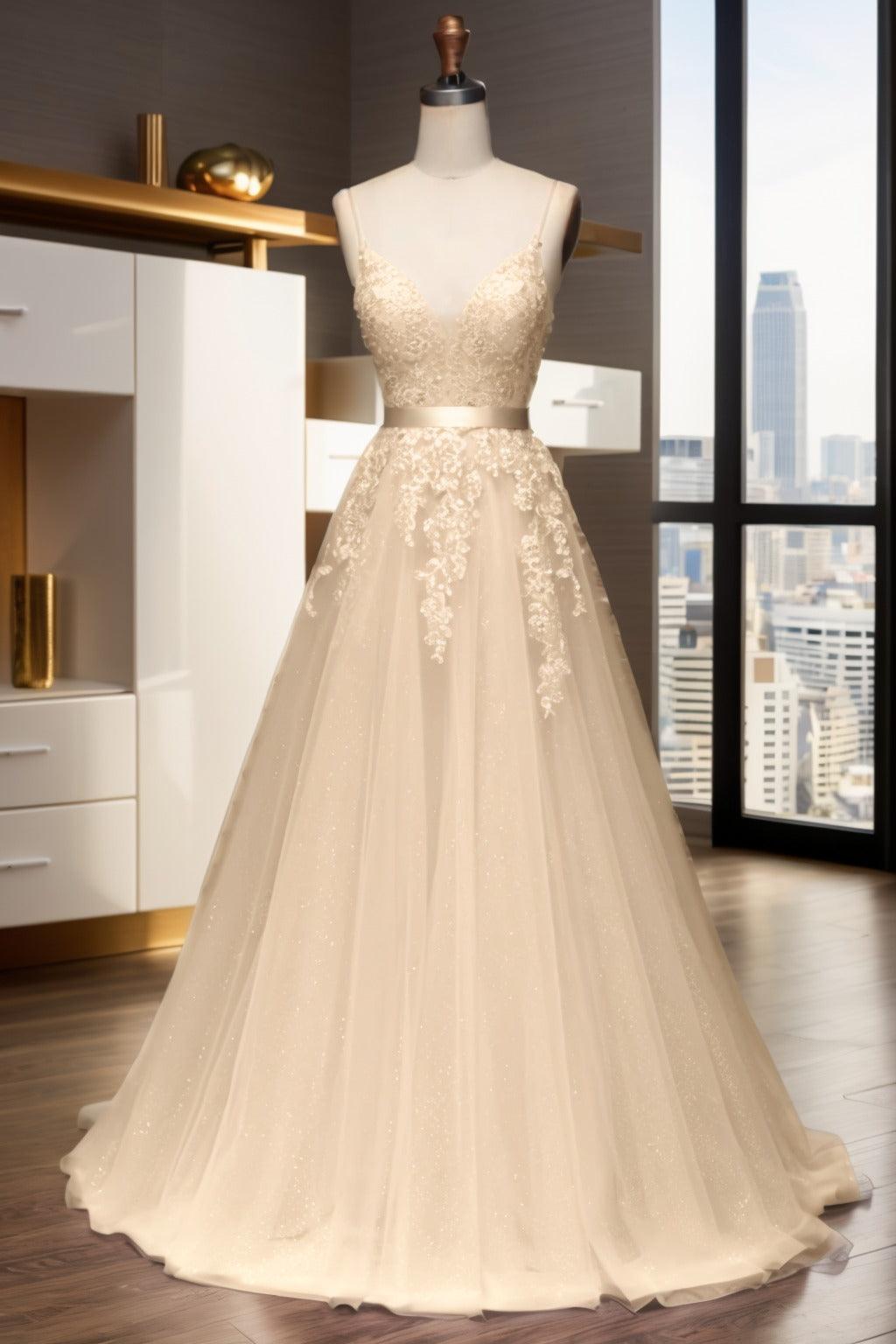A-Line Sweep-Brush Train Tulle Prom Dress CS0464 - COCOMELODY