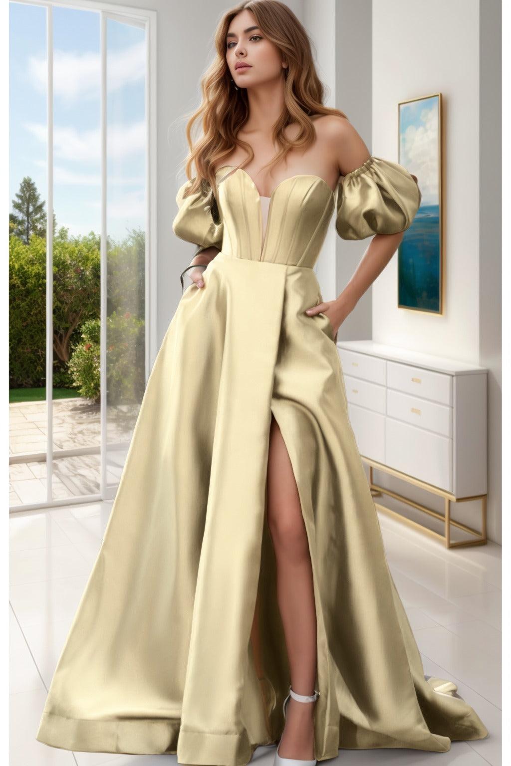 A-Line Sweep-Brush Train Satin Prom Dress CS0448 - COCOMELODY