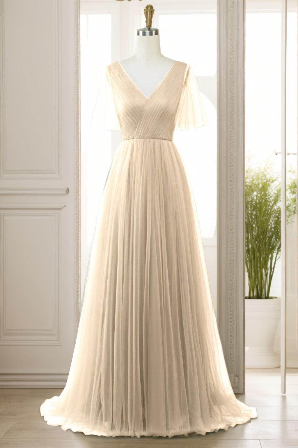 A-Line Sweep-Brush Train Tulle Prom Dress CS0472 - COCOMELODY